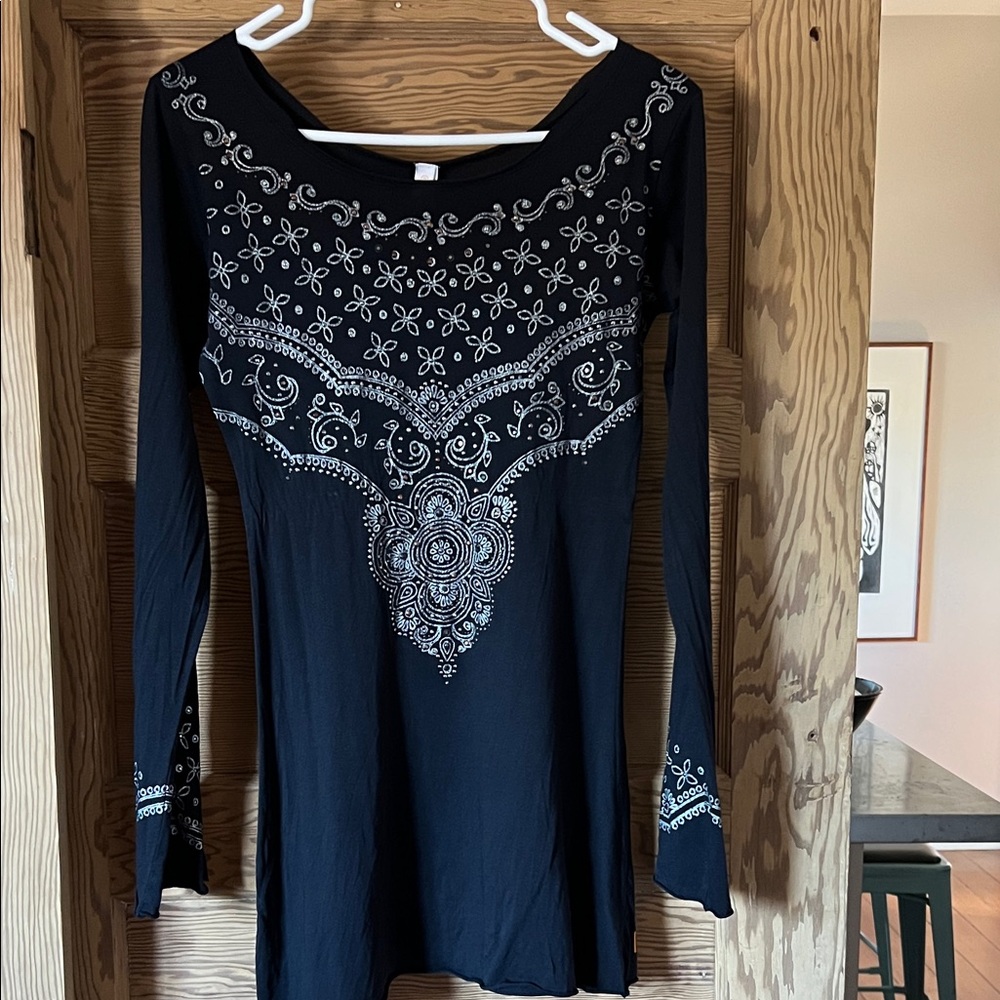 Lucy Black shirt dress with metallic accents.